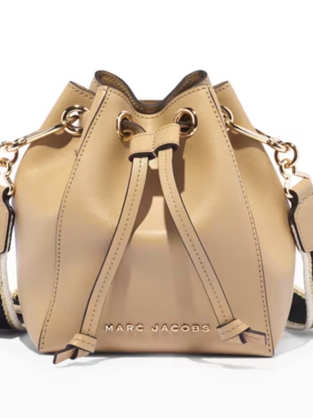 Marc Jacobs Tan Brown
Leather Black Strap
Gold Logo Small Drawstring 
Bucket Bag